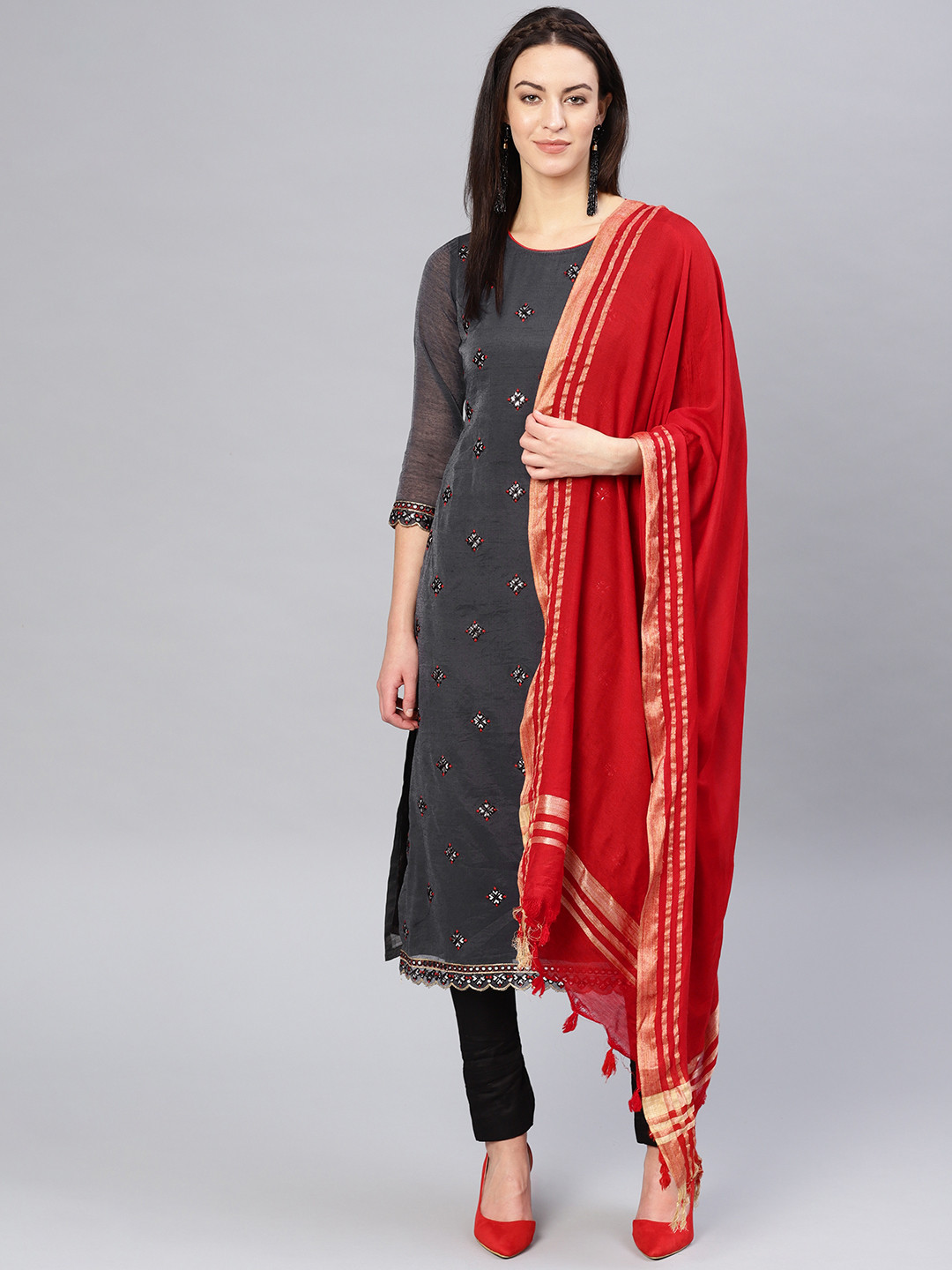 

Inddus Charcoal Grey & Red Embroidered Unstitched Dress Material