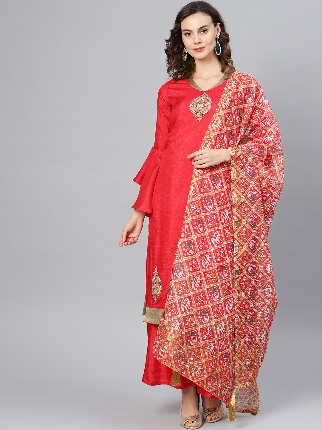 

Inddus Red & Pink Embellished Unstitched Dress Material