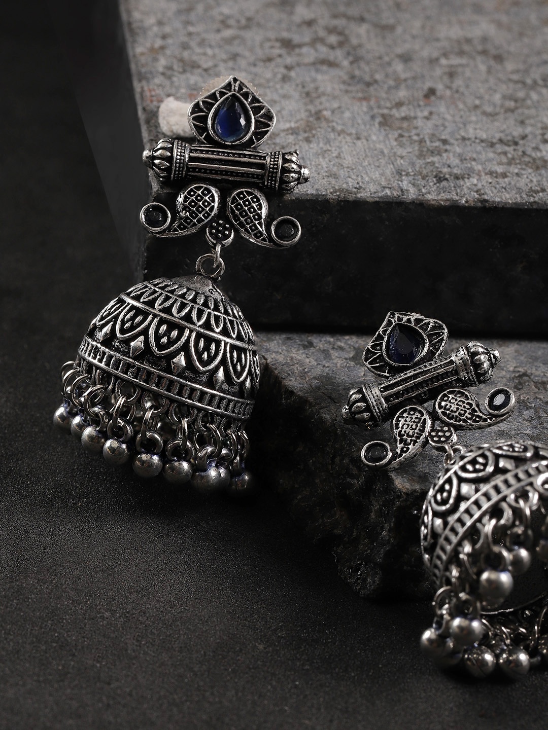 

Infuzze Navy Oxidised Silver-Plated Stone-Studded Handcrafted Dome Shaped Jhumkas