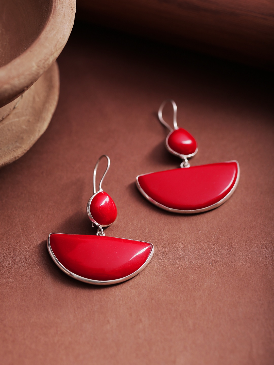 

Infuzze Red Silver-Plated Stone-Studded Geometric Drop Earrings