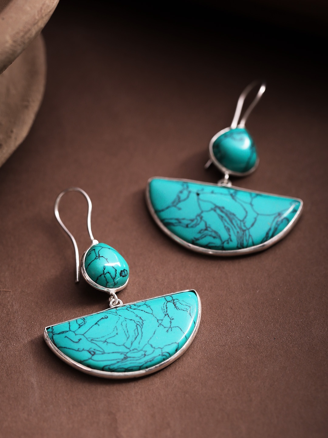 

Infuzze Turquoise Blue Silver-Plated Stone-Studded Printed Geometric Drop Earrings