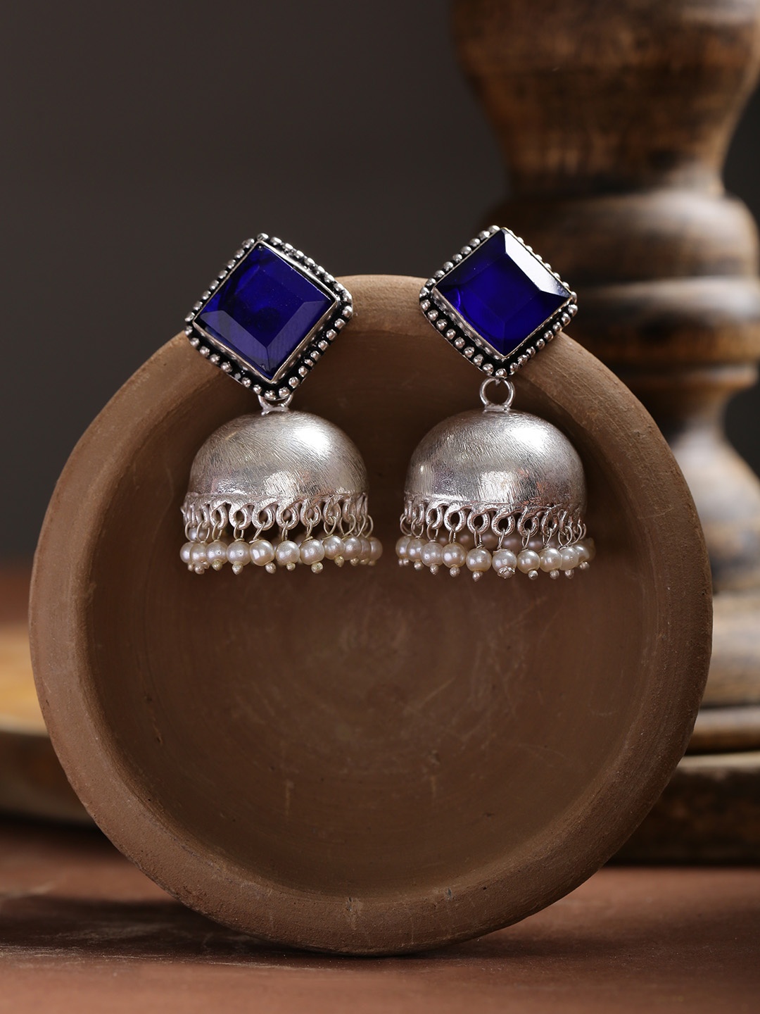 

Infuzze Blue Oxidised Silver-Plated Stone-Studded Handcrafted Dome Shaped Jhumkas