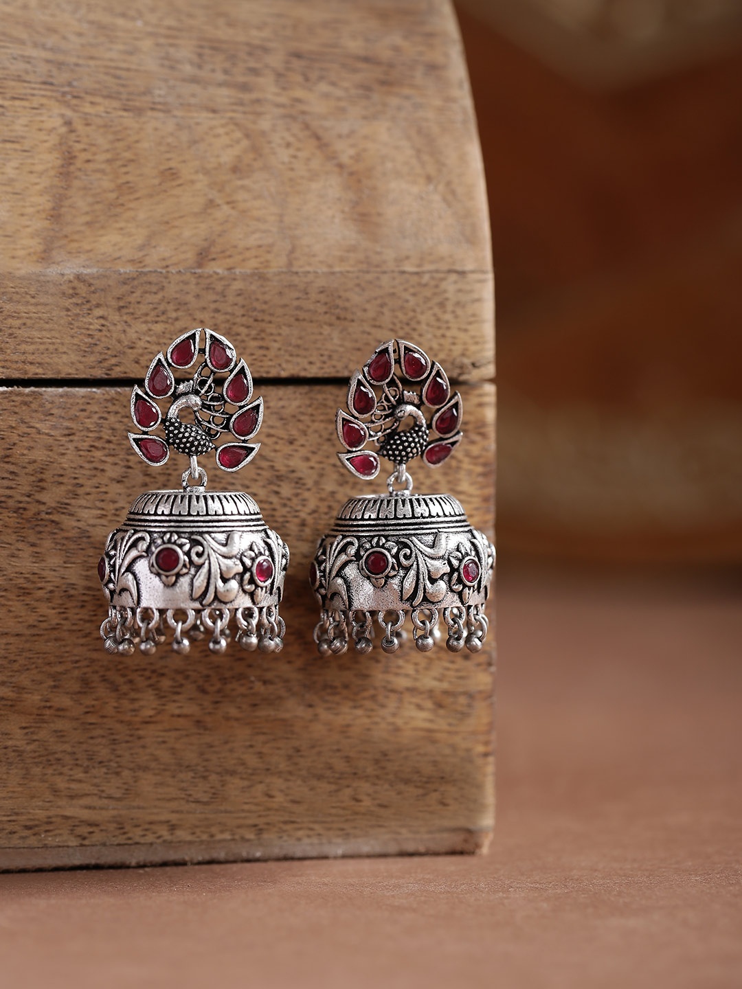 

Infuzze Pink Oxidised Silver-Plated Stone-Studded Handcrafted Dome Shaped Jhumkas