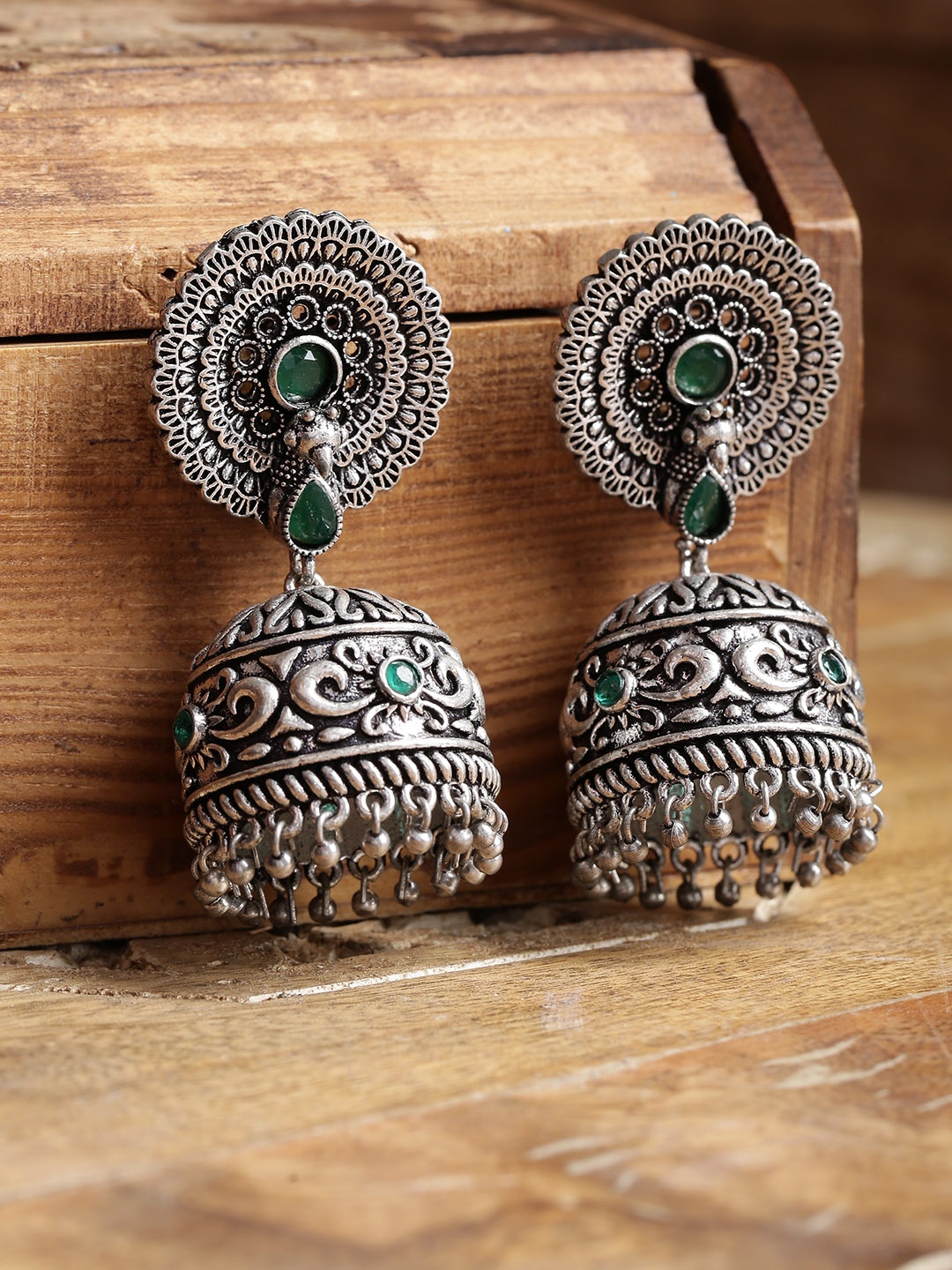 

Infuzze Green Oxidised Silver-Plated Stone-Studded Handcrafted Dome Shaped Jhumkas