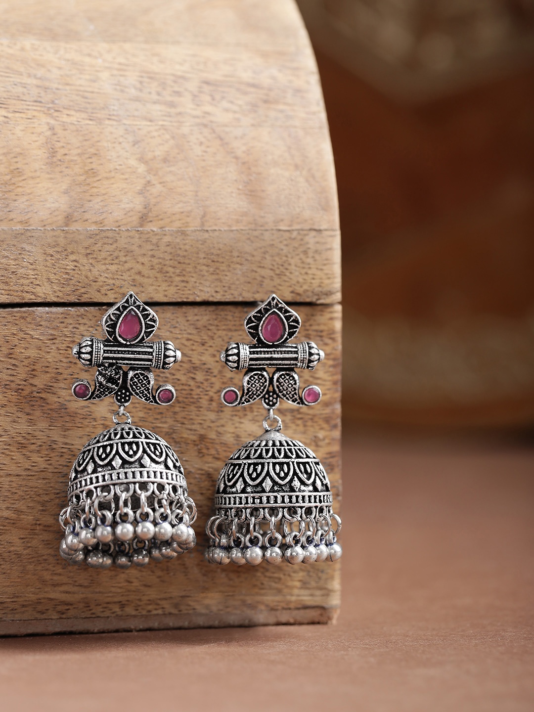 

Infuzze Pink Oxidised Silver-Plated Stone-Studded Handcrafted Dome Shaped Jhumkas