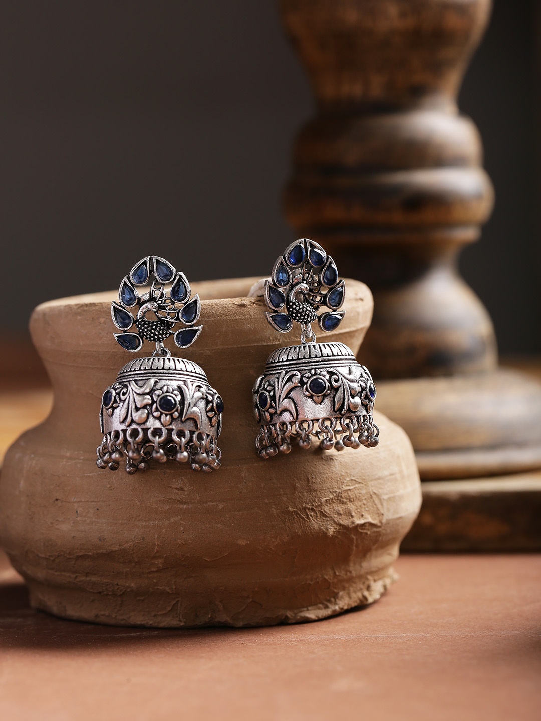 

Infuzze Navy Oxidised Silver-Plated Stone-Studded Handcrafted Dome Shaped Jhumkas, Navy blue