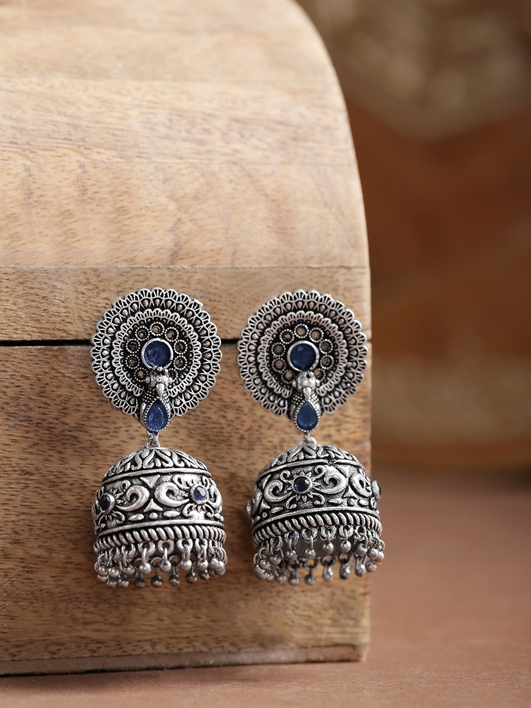 

Infuzze Navy Oxidised Silver-Plated Stone-Studded Handcrafted Dome Shaped Jhumkas