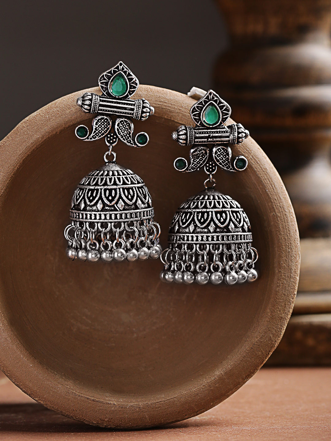 

Infuzze Green Oxidised Silver-Plated Stone-Studded Handcrafted Dome Shaped Jhumkas