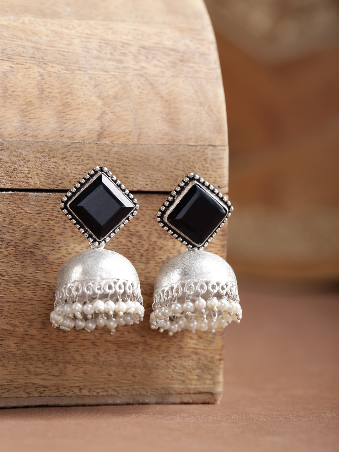 

Infuzze Black Oxidised Silver-Plated Stone-Studded Handcrafted Dome Shaped Jhumkas