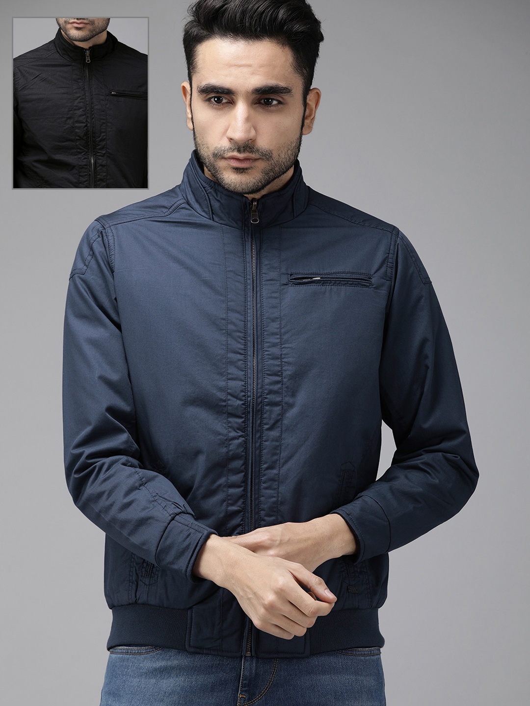 

Roadster Men Navy Blue & Black Solid Reversible Bomber Jacket