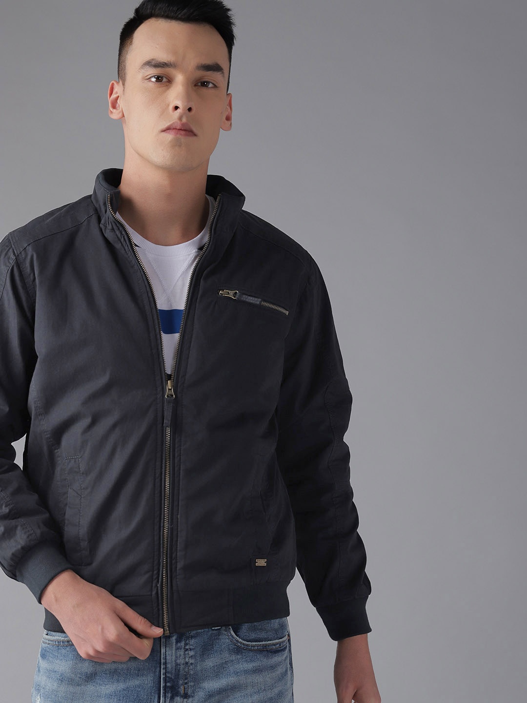 

The Roadster Lifestyle Co Men Navy Blue Solid Bomber Jacket