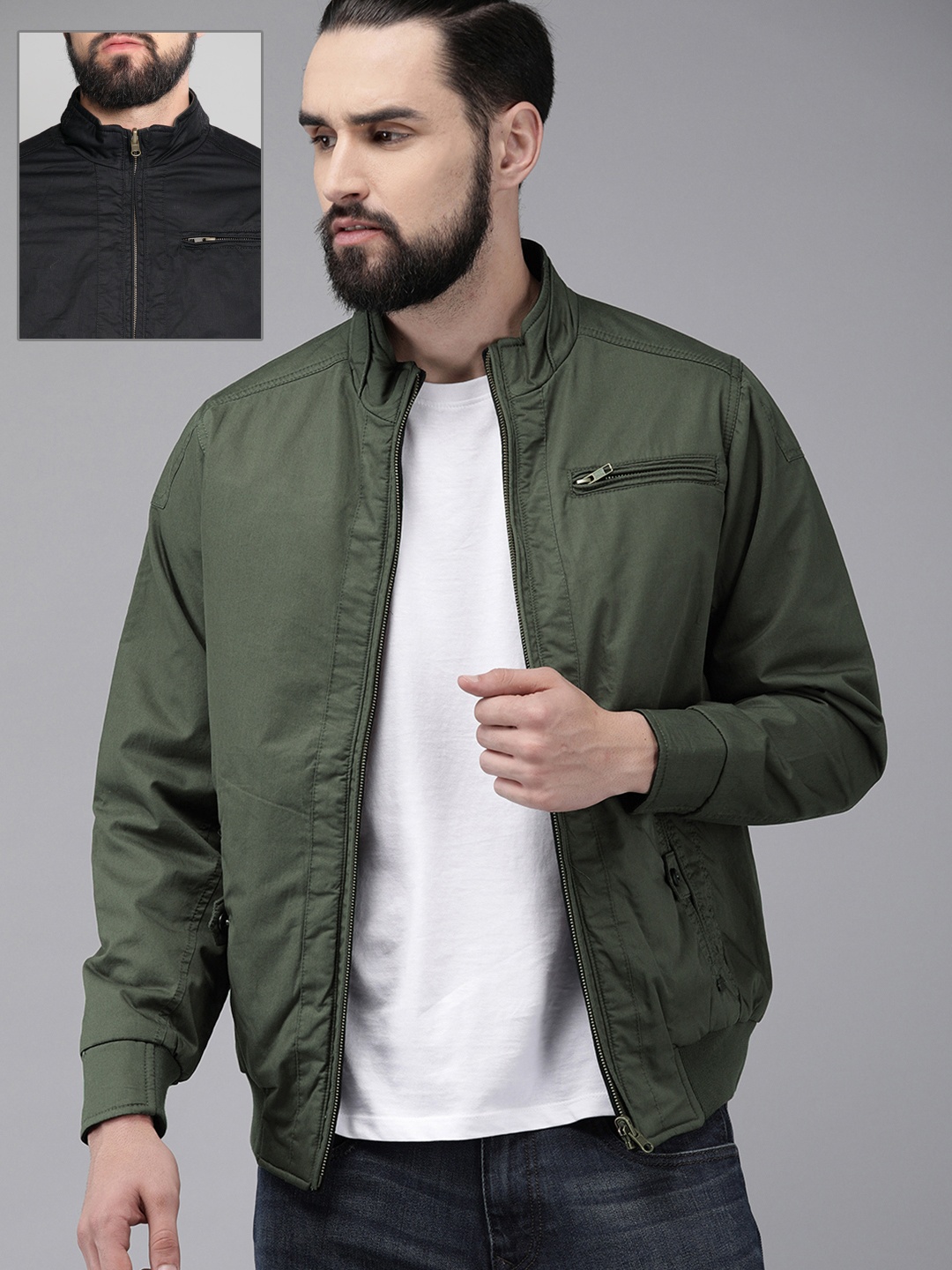 

Roadster Men Olive Green Solid Reversible Bomber Jacket