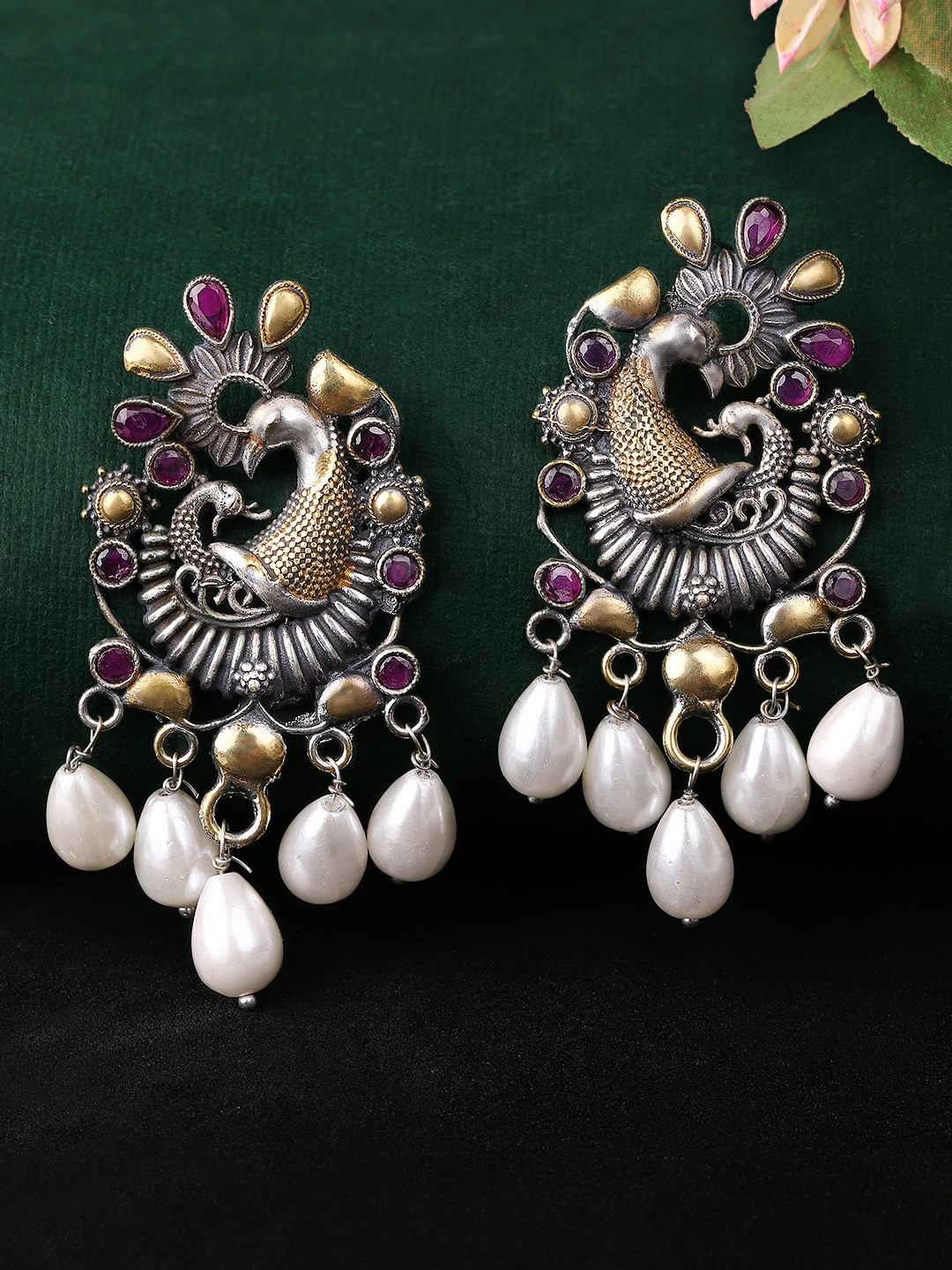 

Rubans Silver-Plated & Red Peacock Shaped Oxidised Drop Earrings