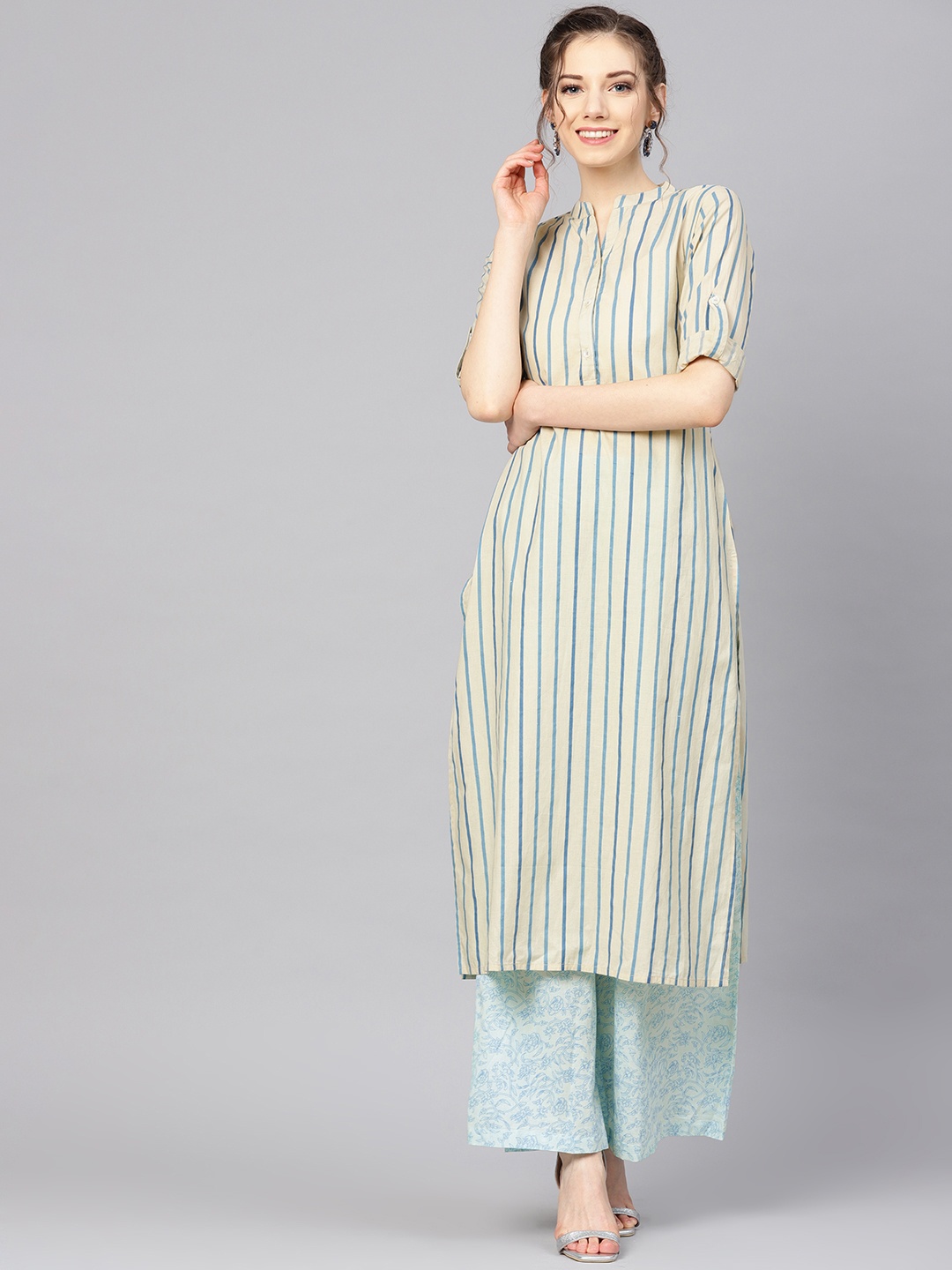 

Varanga Women Beige & Blue Striped Kurta with Palazzos