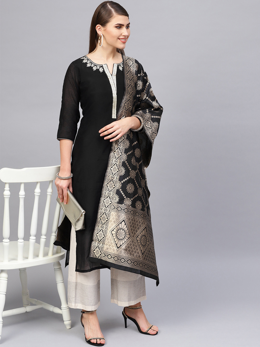 

Varanga Women Black & Golden Yoke Design Straight Kurta with Dupatta