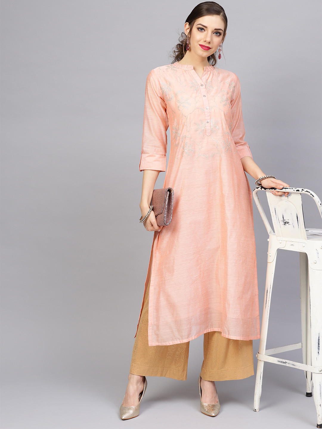 

Varanga Women Peach-Coloured Yoke Design Straight Kurta