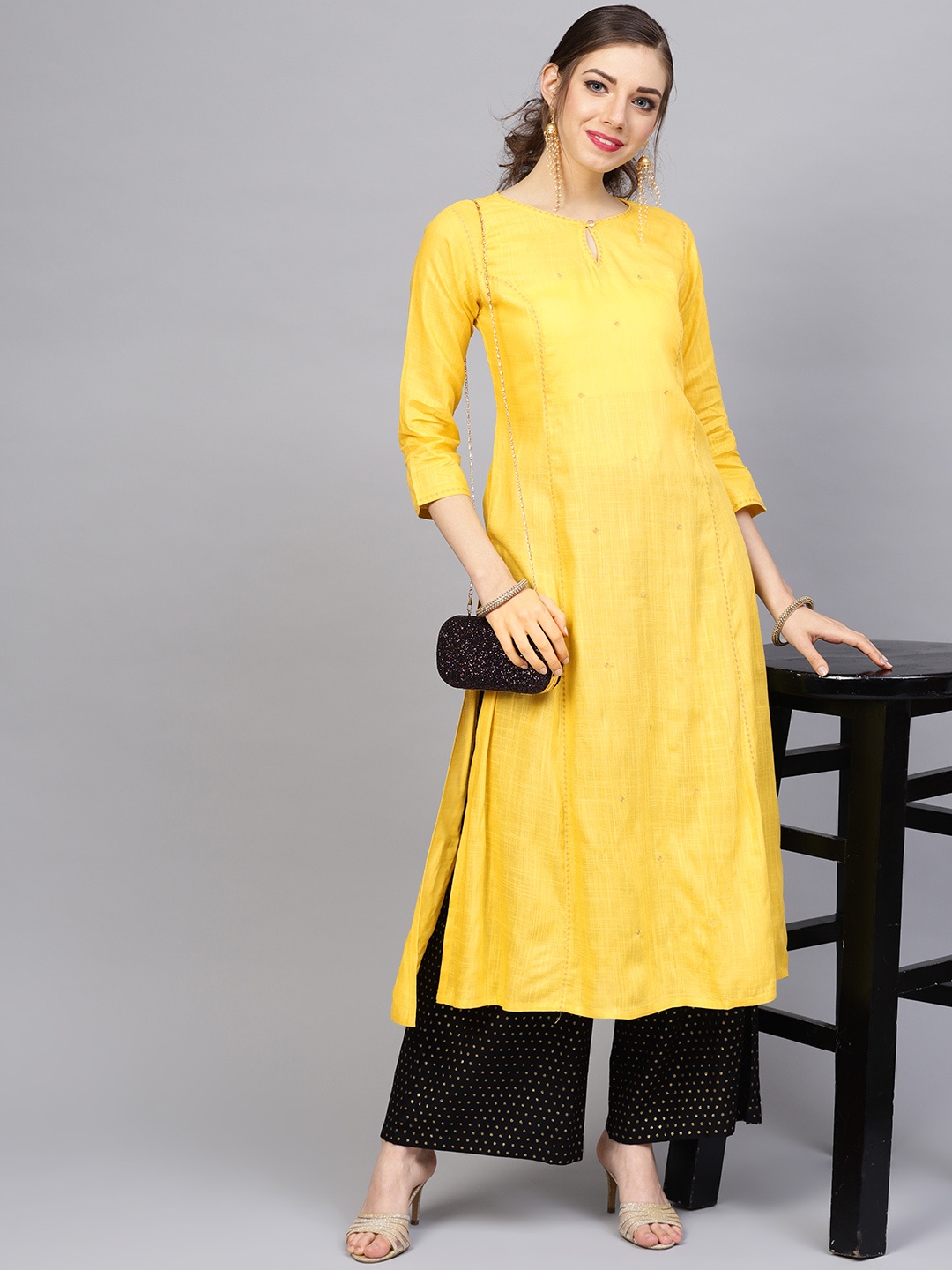 

Varanga Women Yellow Zari Embroidered A-Line Kurta