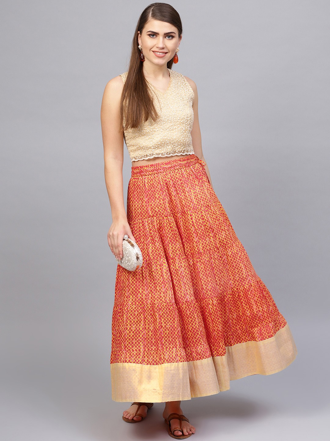 

Varanga Women Red & Yellow Printed Maxi Tiered Skirt