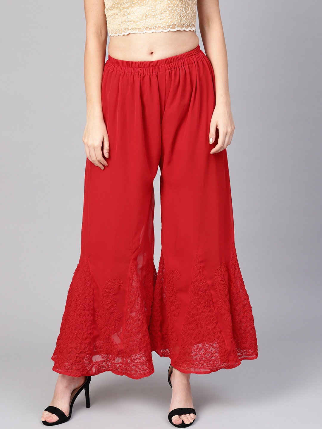 

Saadgi Women Red Chikankari Embroidered Flared Palazzos