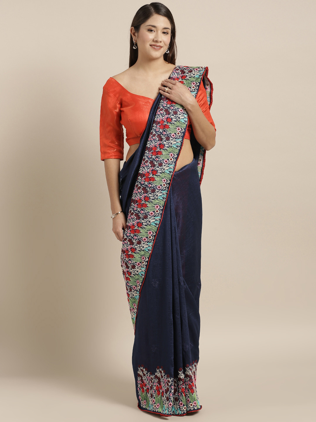 

Kvsfab Navy Blue Embroidered Silk Blend Saree