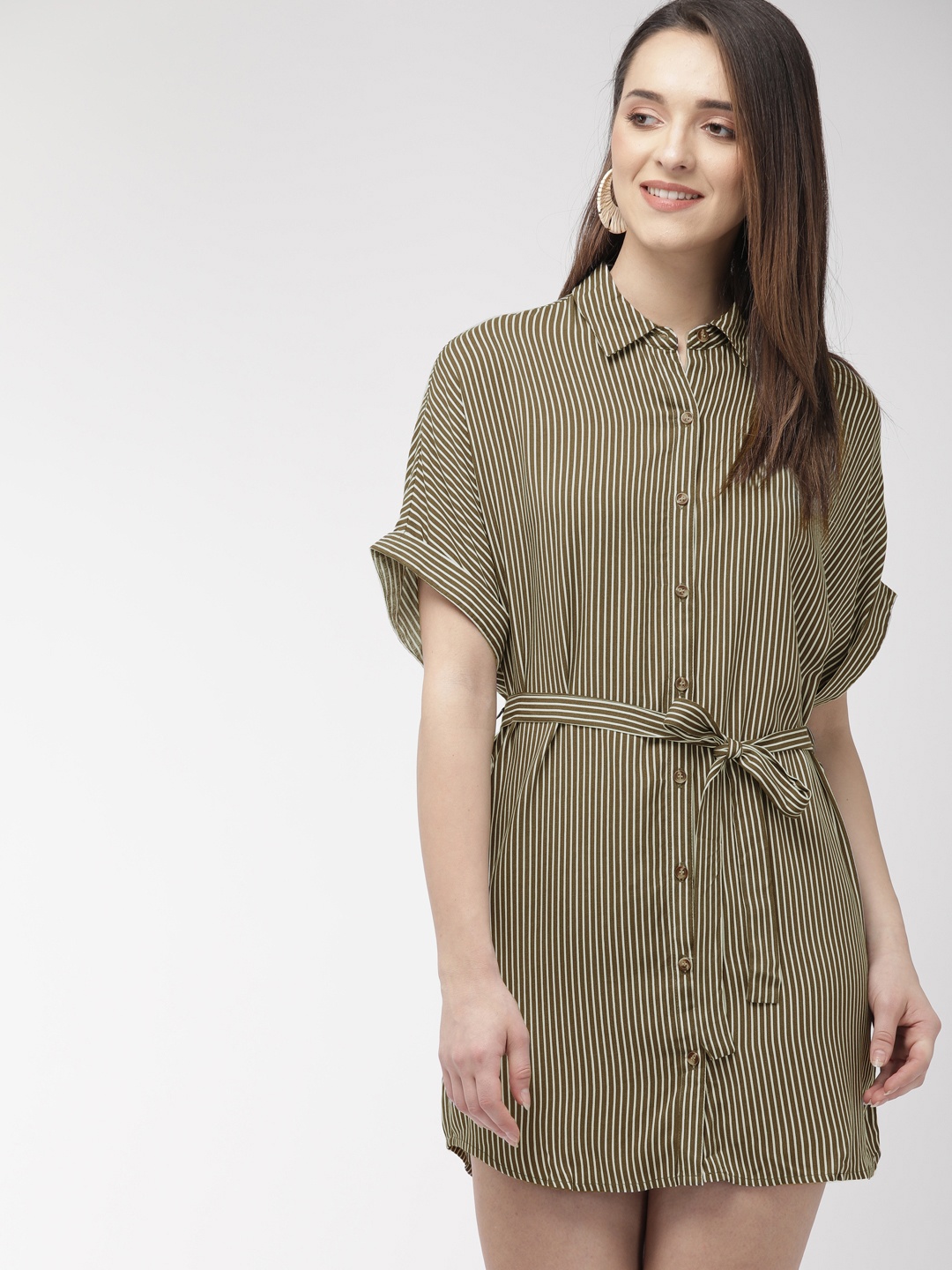 

FOREVER 21 Women Olive Green & White Striped Shirt Dress