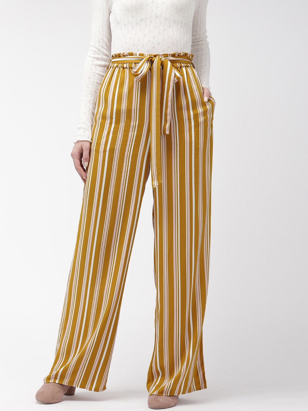 

FOREVER 21 Women Mustard Yellow & Pink Regular Fit Striped Parallel Trousers