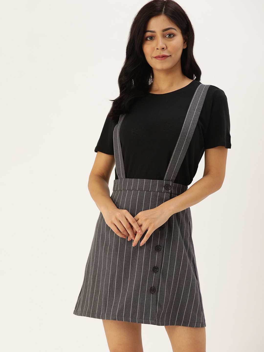 

FOREVER 21 Women Grey & White Striped A-Line Skirt with Suspenders