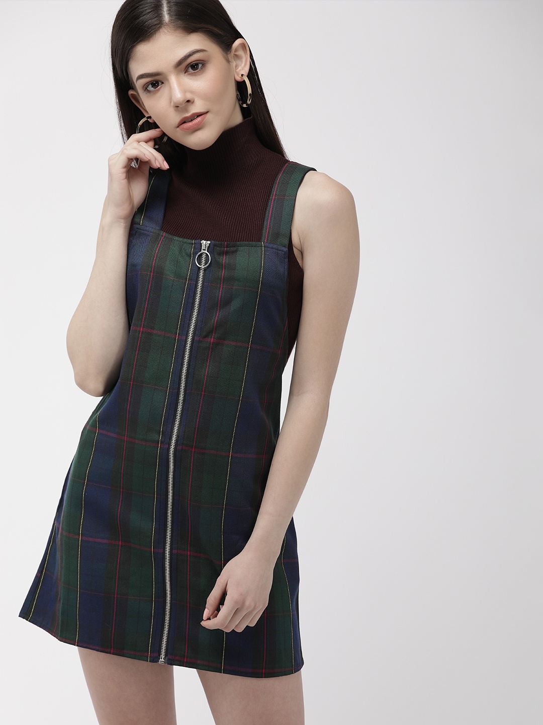 

FOREVER 21 Women Green & Navy Blue Checked Pinafore Dress