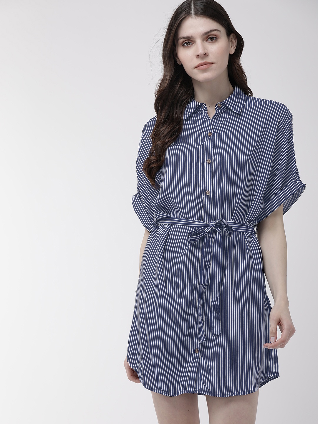 

FOREVER 21 Women Navy Blue & White Striped Shirt Dress