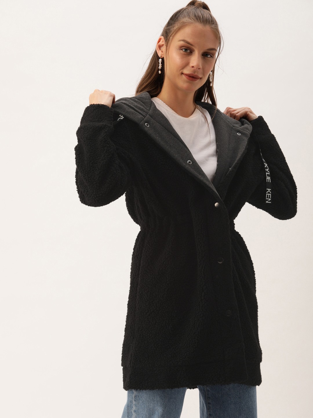 

FOREVER 21 Women Charcoal Grey Solid Open Front Longline Jacket