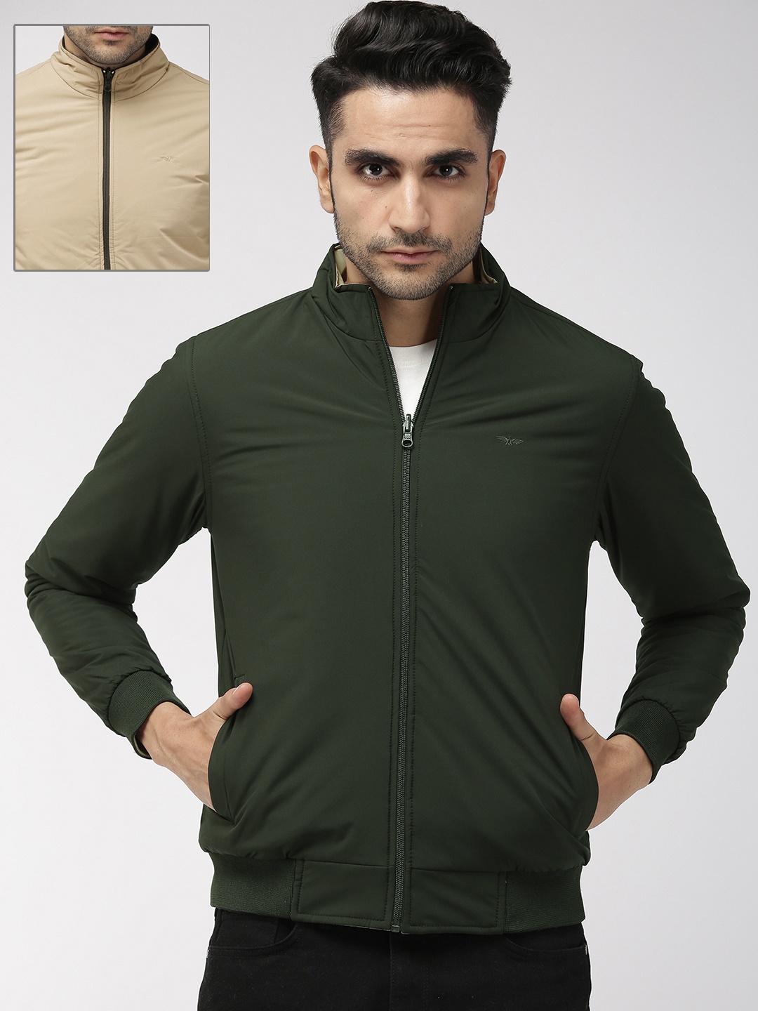 

Park Avenue Men Green & Beige Slim Fit Solid Reversible Bomber Jacket