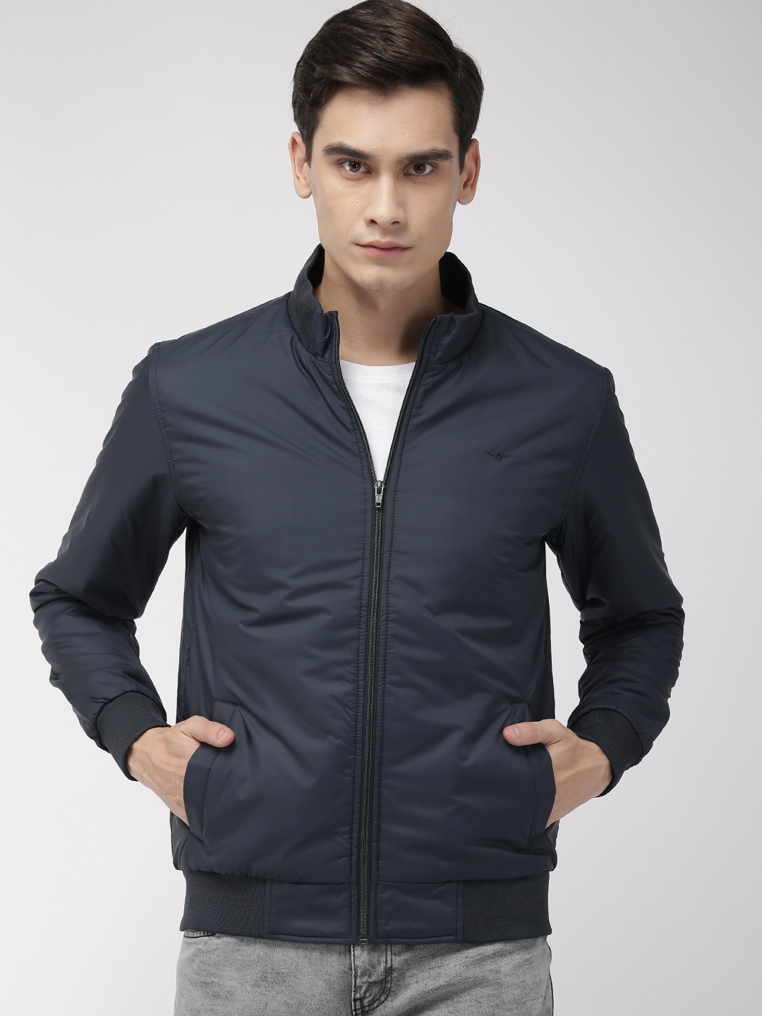 

Park Avenue Men Navy Blue Solid Slim Fit Bomber Jacket