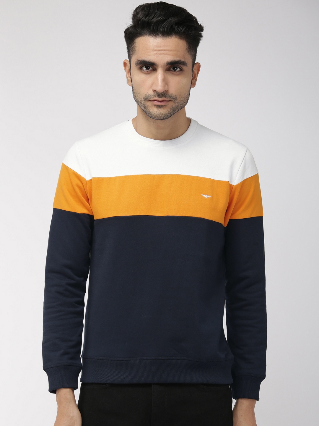 

Park Avenue Men Yellow & Navy Blue Colourblocked Slim Fit Sweatshirt