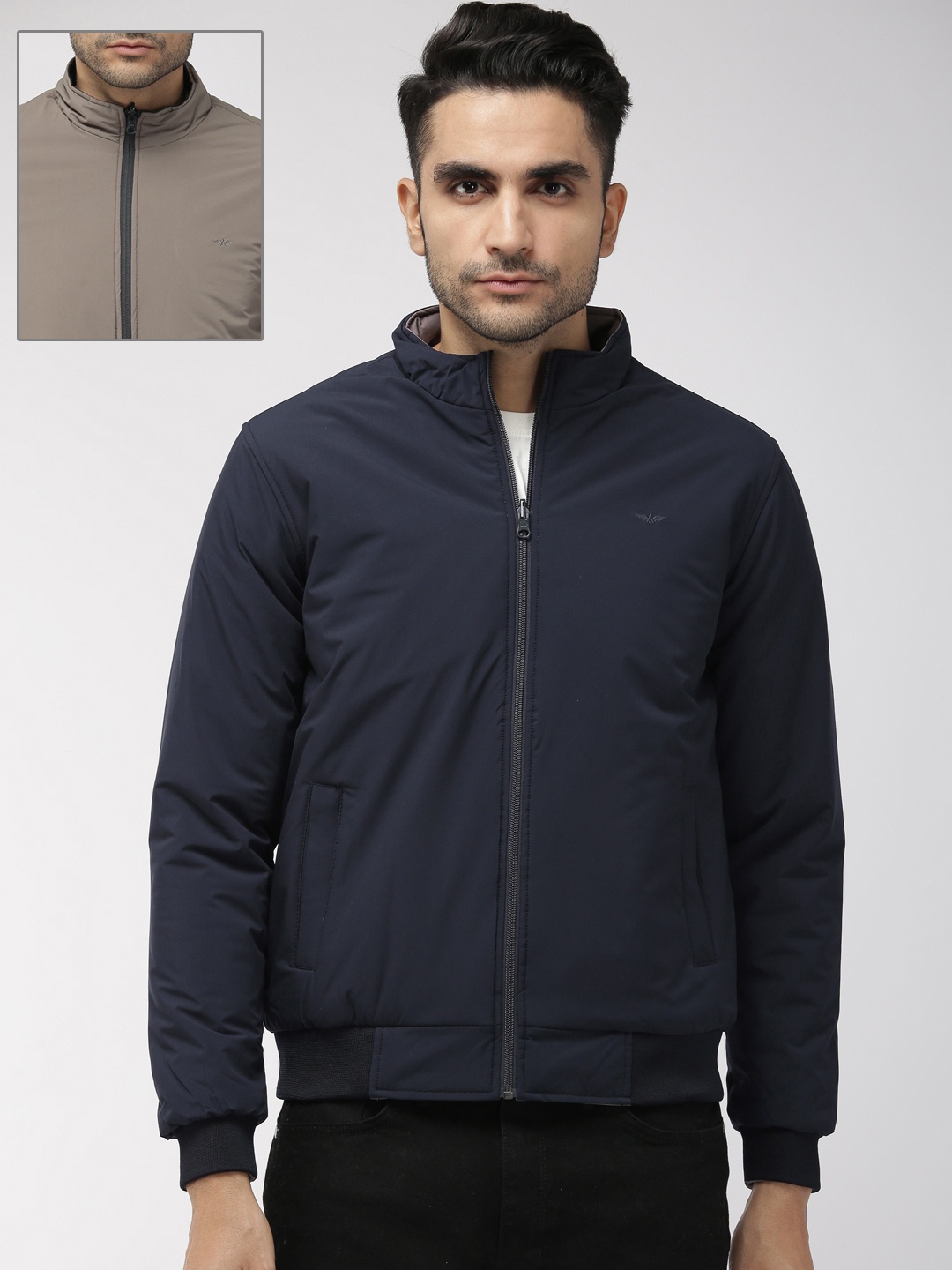 

Park Avenue Men Play Navy Blue Solid Reversible Padded Jacket