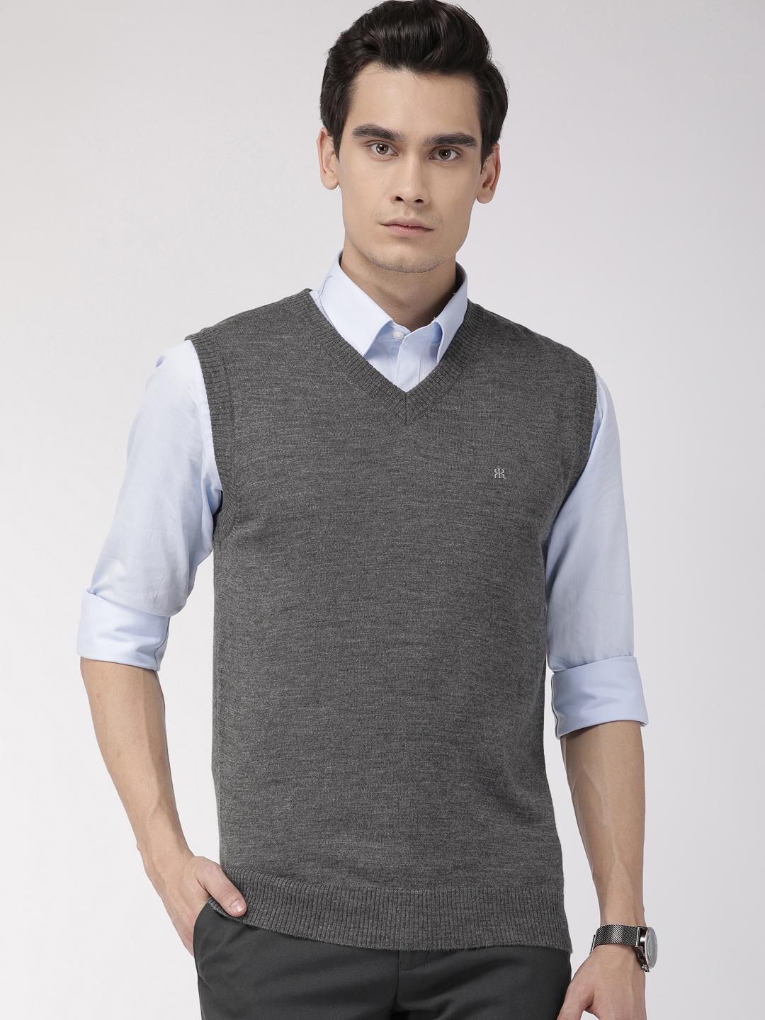 

Raymond Men Grey Solid Pullover Sweater