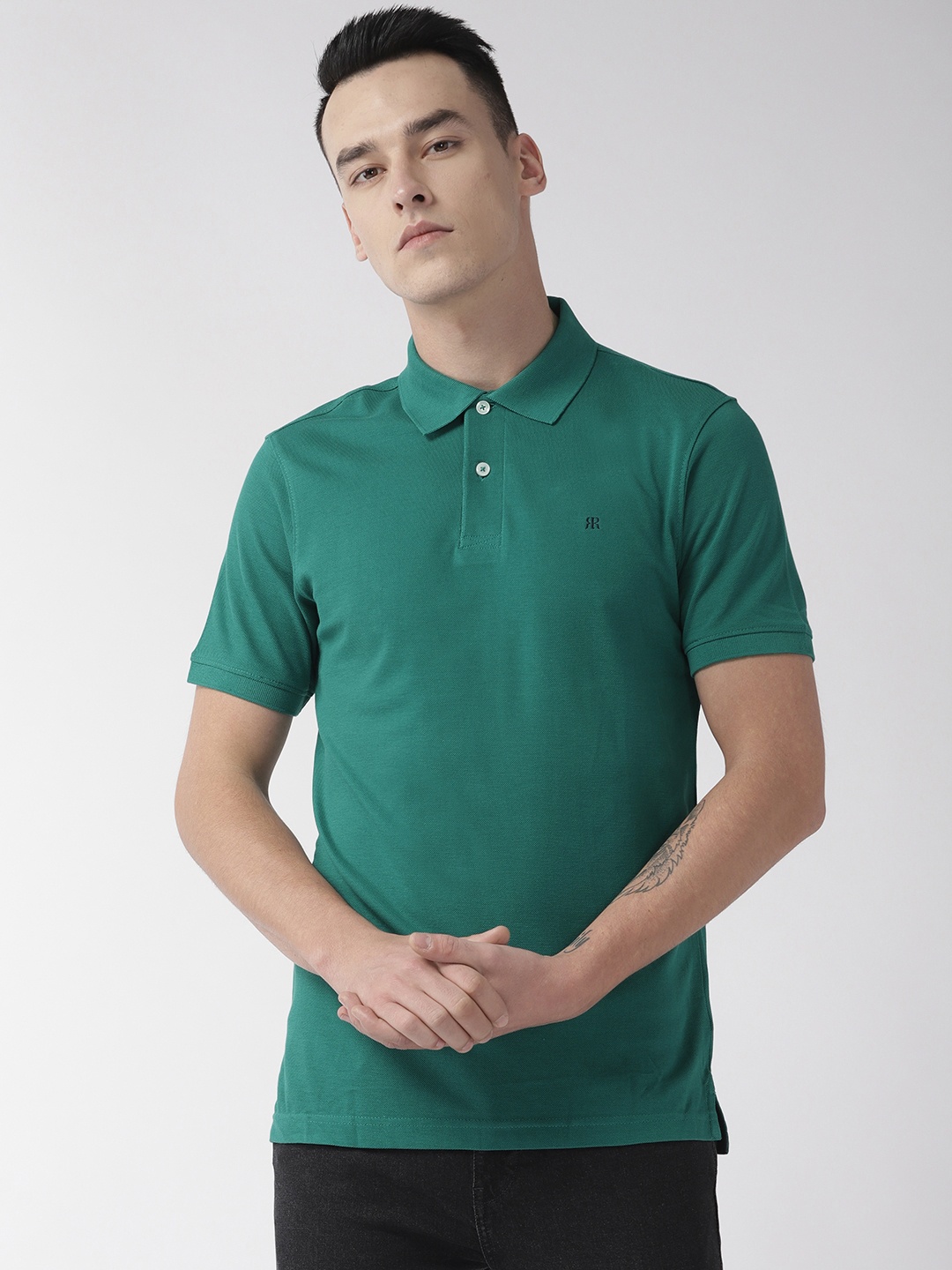 

Raymond Men Green Solid Polo Collar Pure Cotton T-shirt