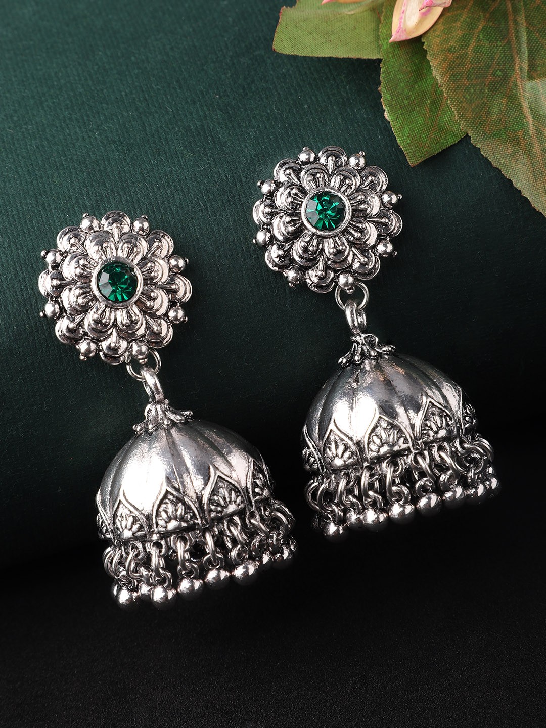 

Rubans Silver-Plated & Green Dome Shaped Oxidised Handcrafted Jhumkas