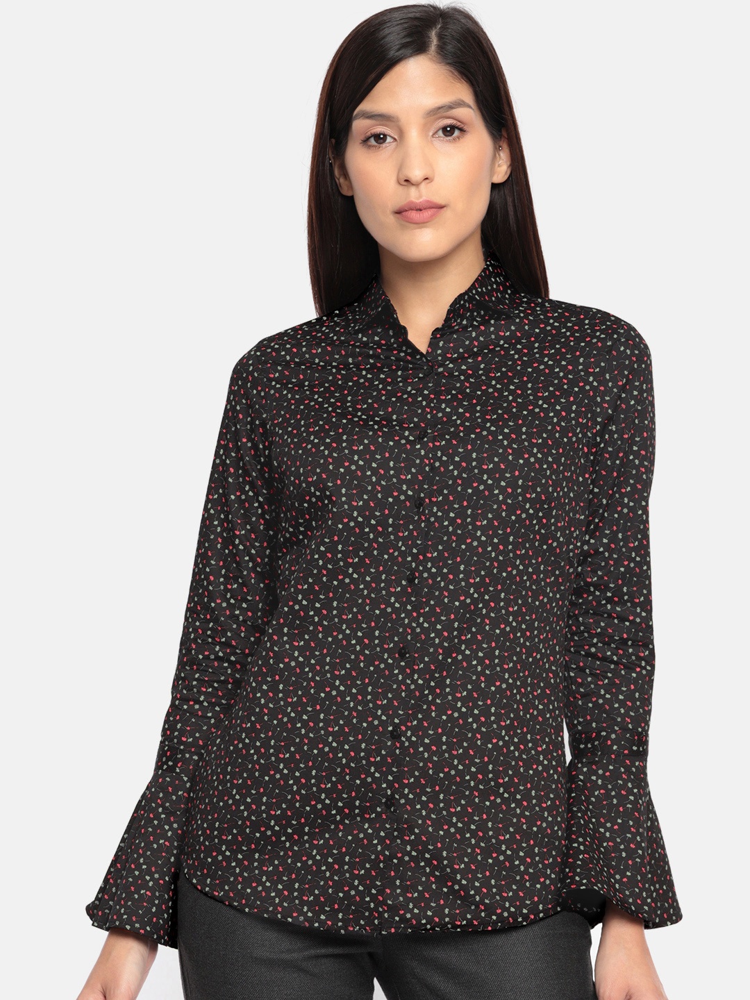 

Park Avenue Women Black & Pink Slim Fit Floral Printed Bell Sleeves Casual Shirt