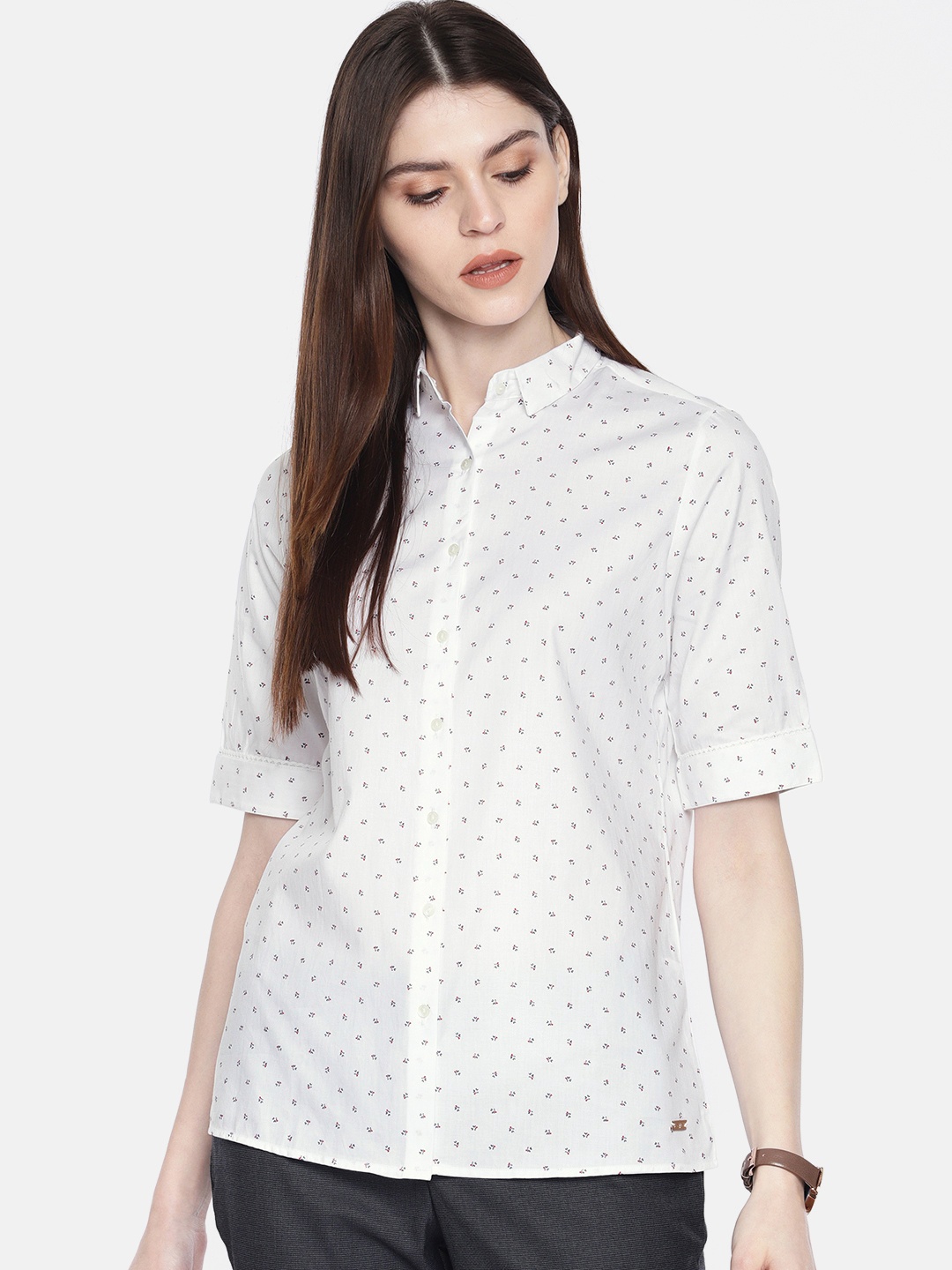 

Park Avenue Women White & Navy Blue Slim Fit Printed Formal Shirt