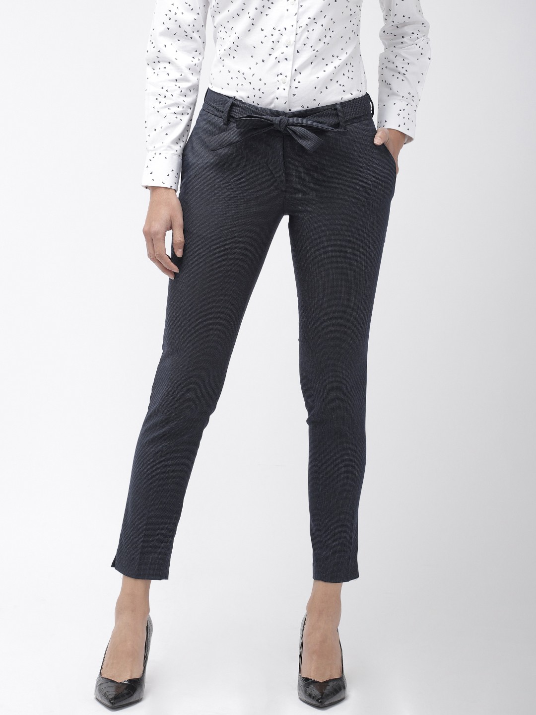 

Park Avenue Women Navy Blue Tapered Fit Self Checked Formal Trousers