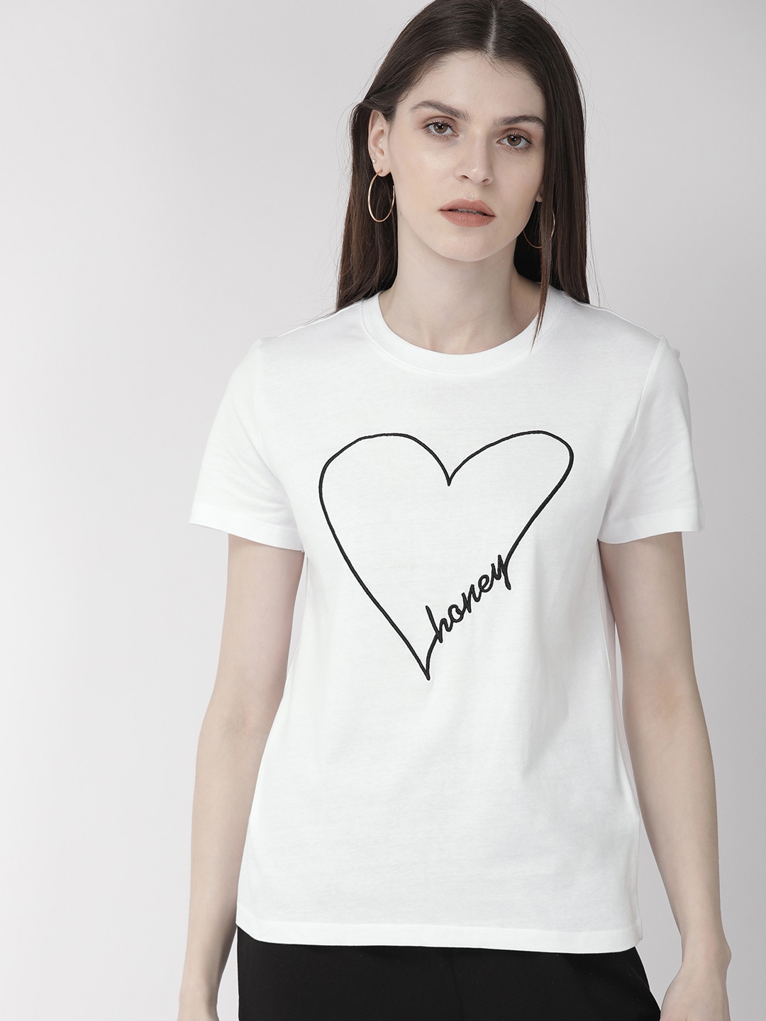 

FOREVER 21 Women White Embroidered Round Neck Pure Cotton T-shirt