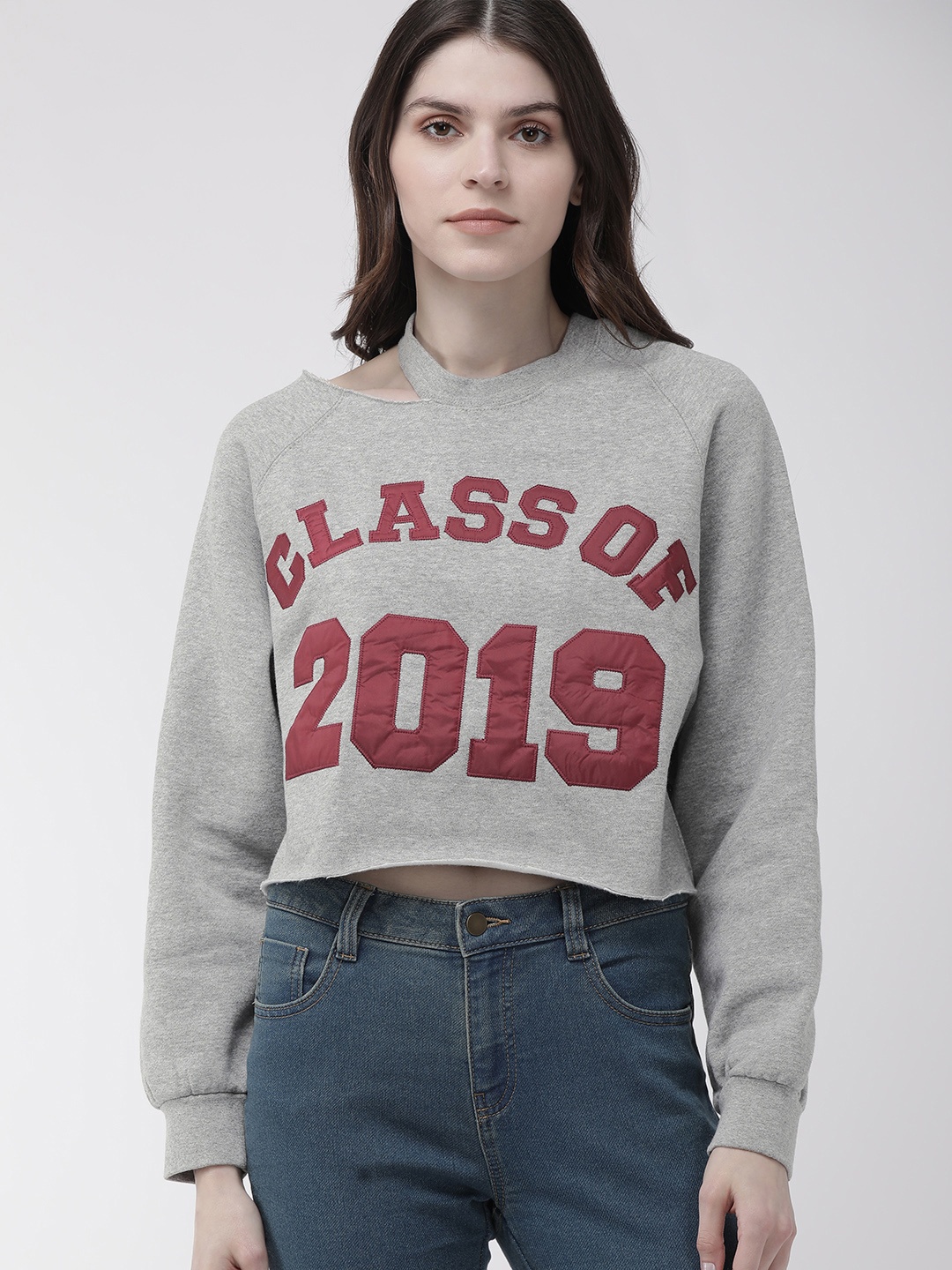 

FOREVER 21 Women Grey Solid Sweatshirt With Applique Details