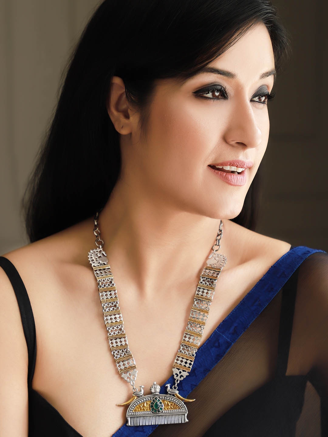 

Rubans Women Silver-Plated & Gold-Toned Oxidised Handcrafted Statement Necklace
