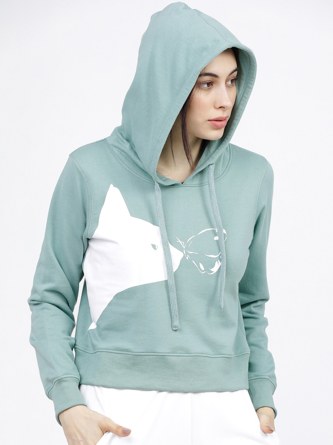 

Tokyo Talkies Women Green & White Printed Hooded Sweatshirt