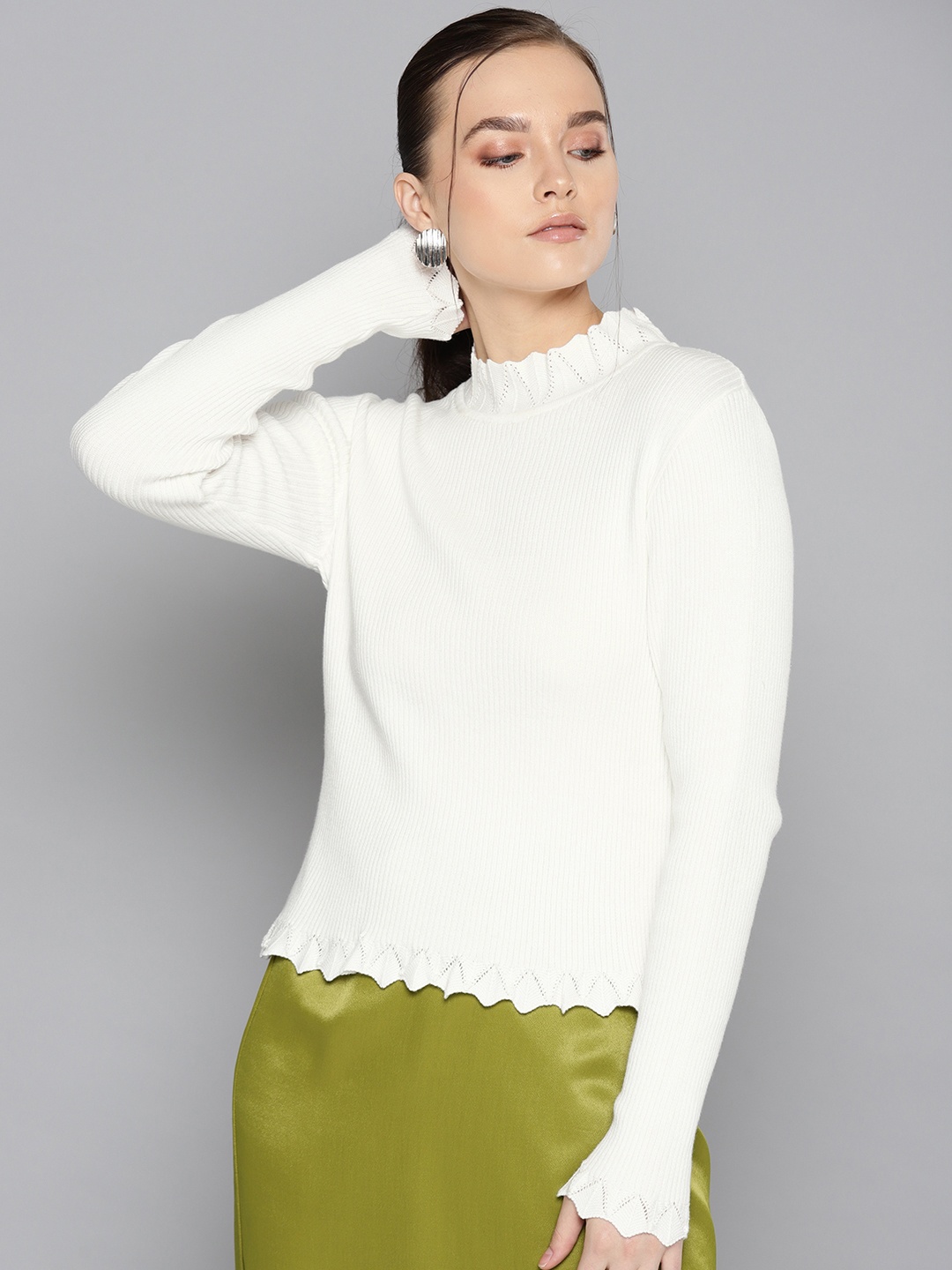 

STREET 9 Women White Ribbed Sweater