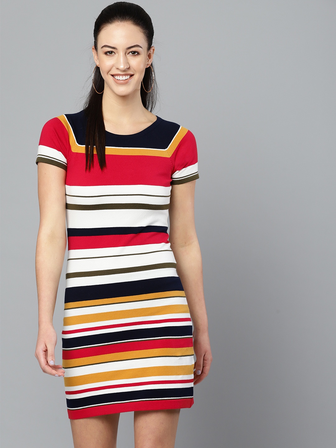 

STREET 9 Women Red & White Candy Stripe T-Shirt Dress