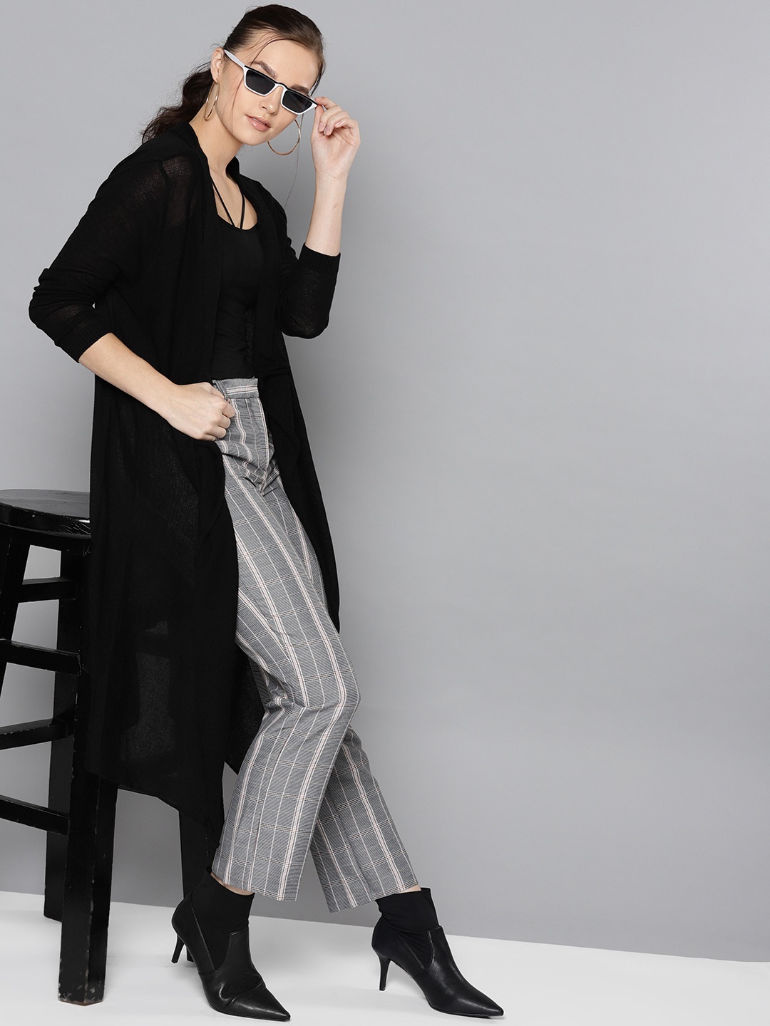 

STREET 9 Women Black Solid Semi-Sheer Open Front Longline Shrug