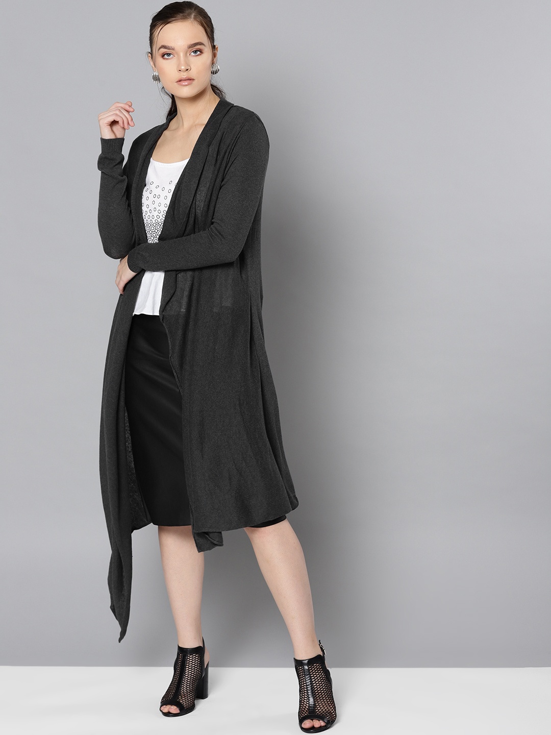 

STREET 9 Women Charcoal Grey Solid Longline Waterfall Shrug