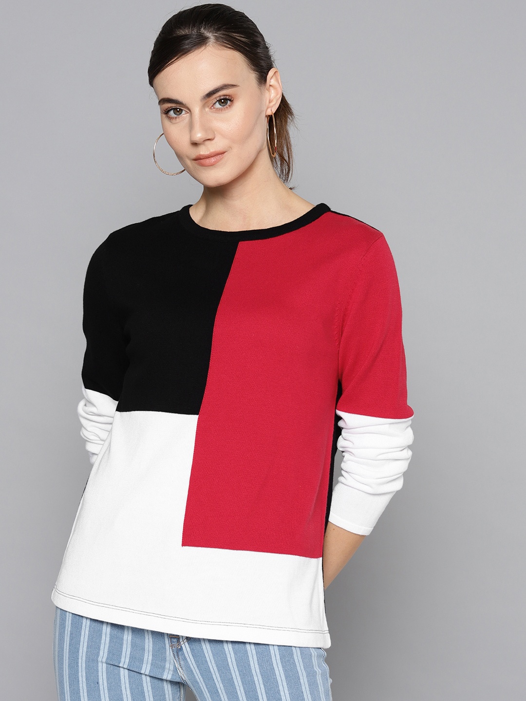 

STREET 9 Women Red & Black Colourblocked Sweater