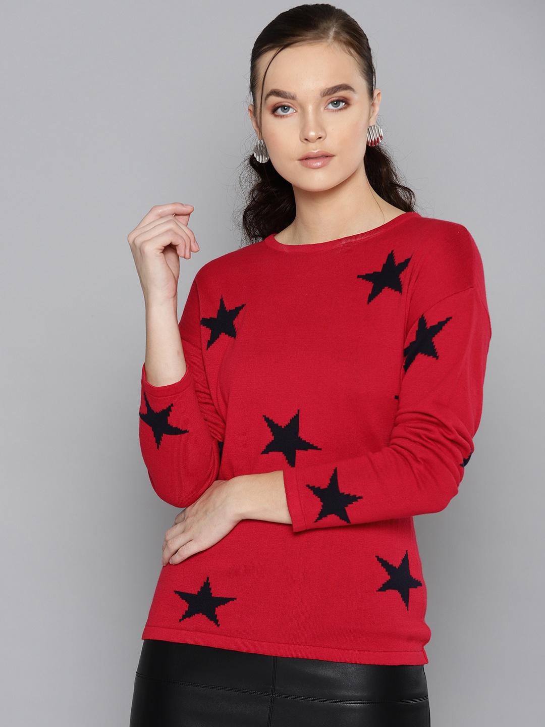 

STREET 9 Women Red & Navy Blue Self Design Sweater